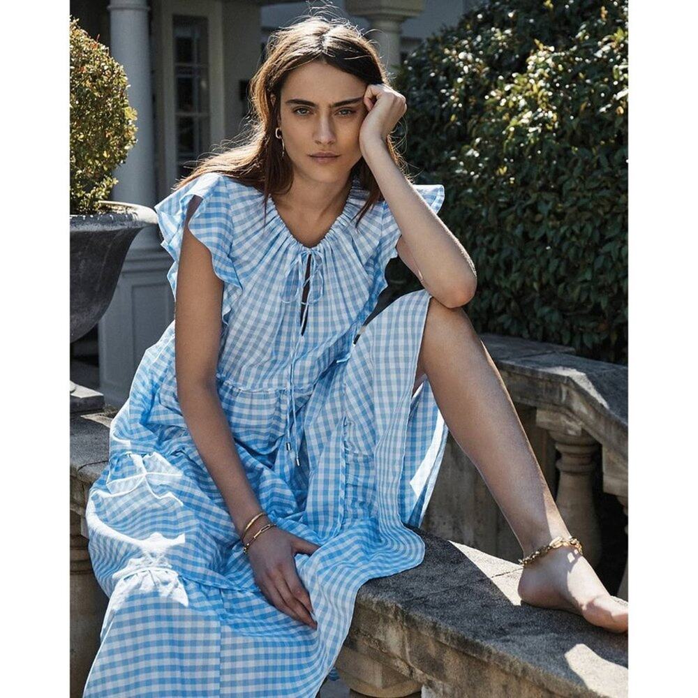 Ephemera Trapezee Maxi Dress Sky Gingham